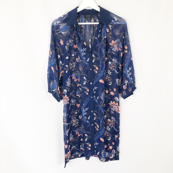 100% Silk Club Monaco Oversized Button Down Dress Floral Boho Midi Mini Relaxed - Picture 8 of 8